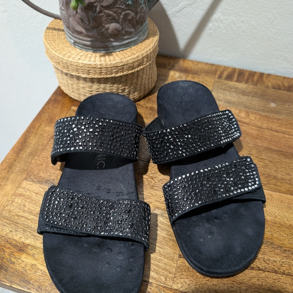 Vionic Black Leather Adjustable 2-Strap Slide San… - image 2